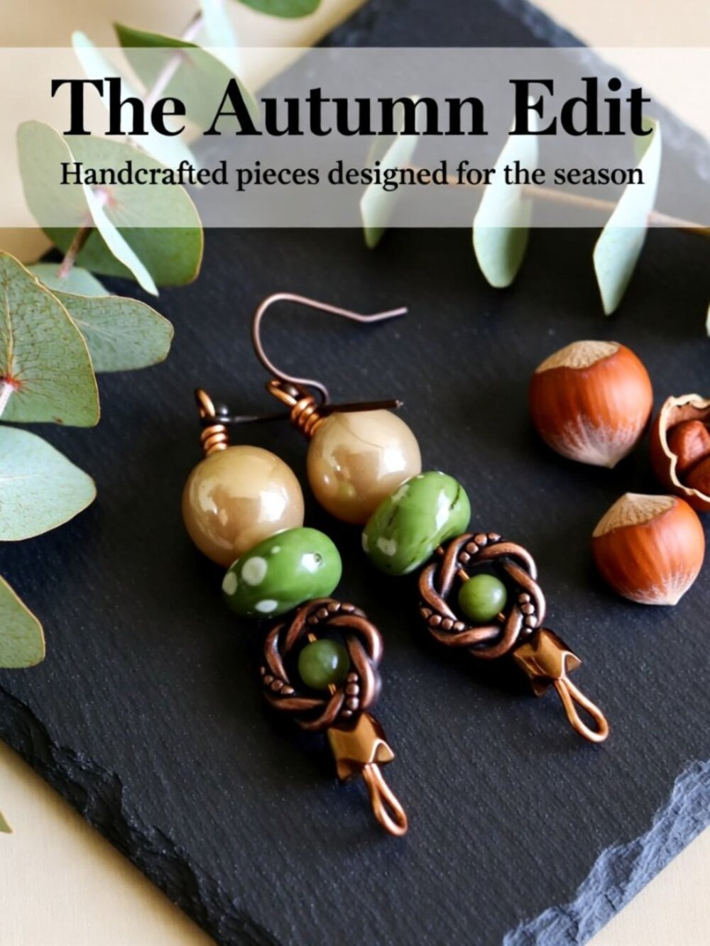 Lovely Fall Colors! Stacked Beaded Dangle Earrings - Brown Cream Green + Copper